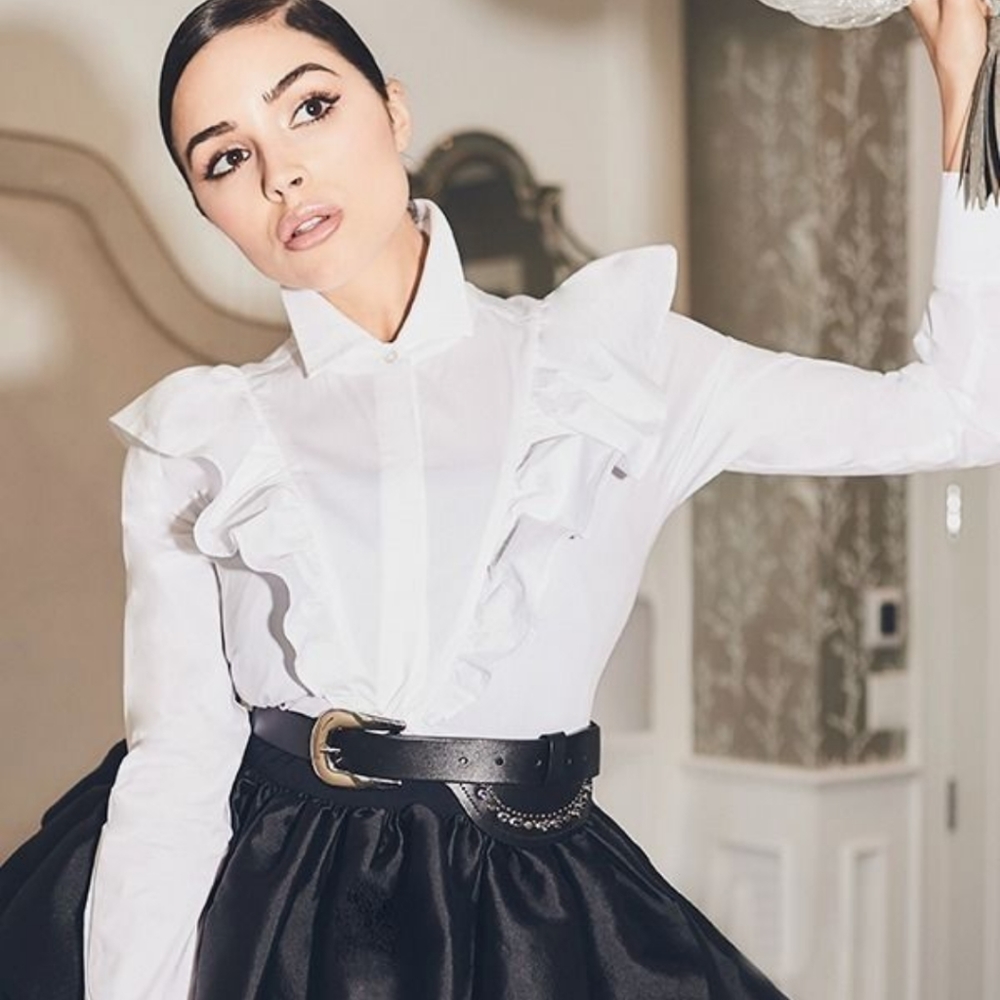 Olivia Culpo White Ruffle Button Down Shirt